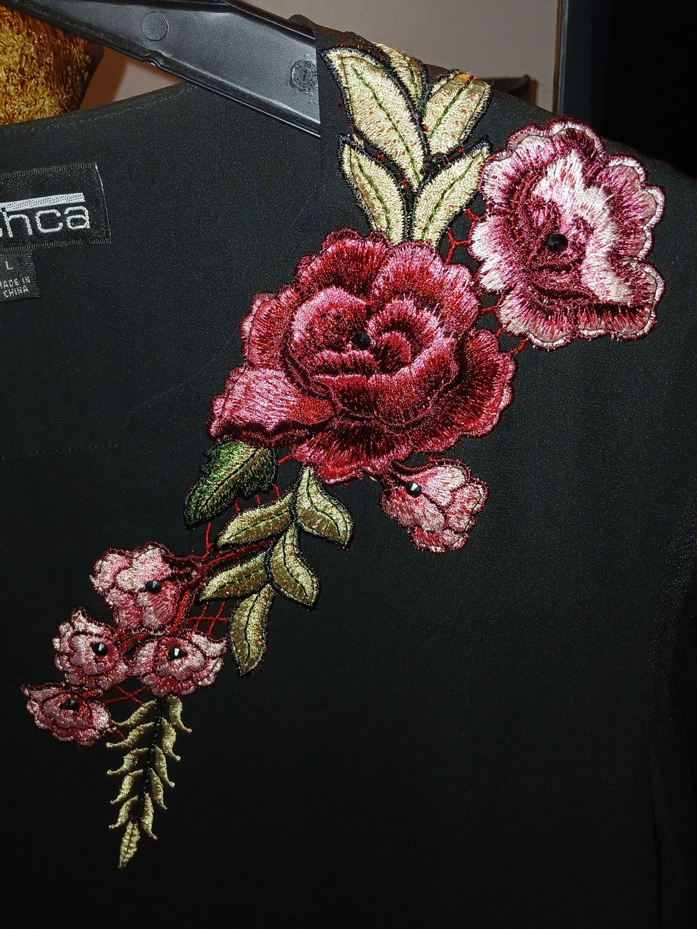 Mishca Black Blouse with Embroidered Burgundy Floral Applique